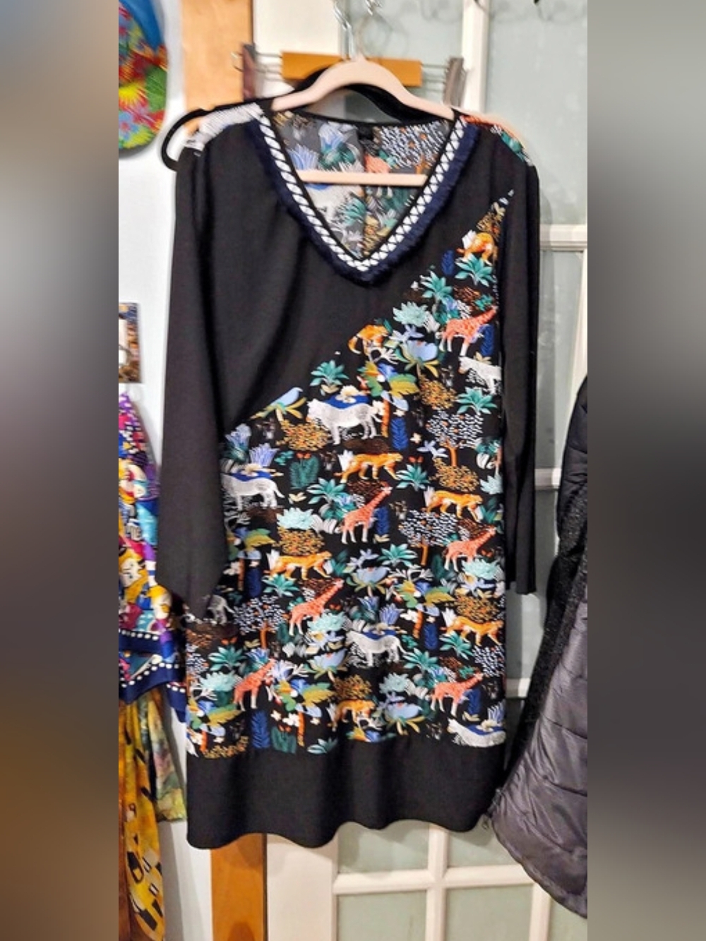 Emery Rose Animal Printed Dress With Neckline Fringe